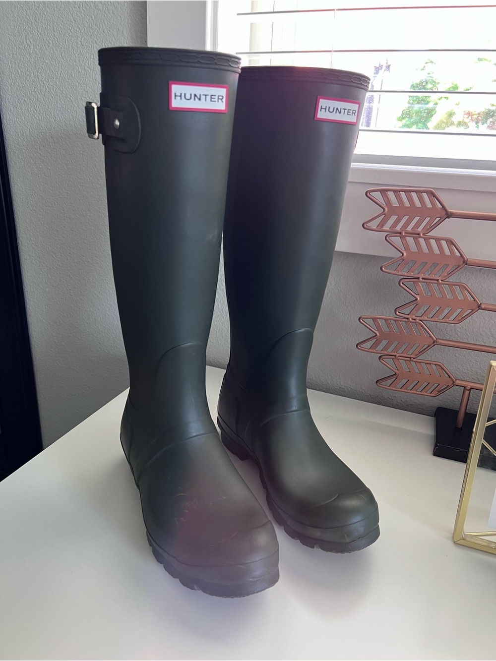 Hunter Olive Green Knee-High Rain Boots with Cream Lining - Picture 3 of 3